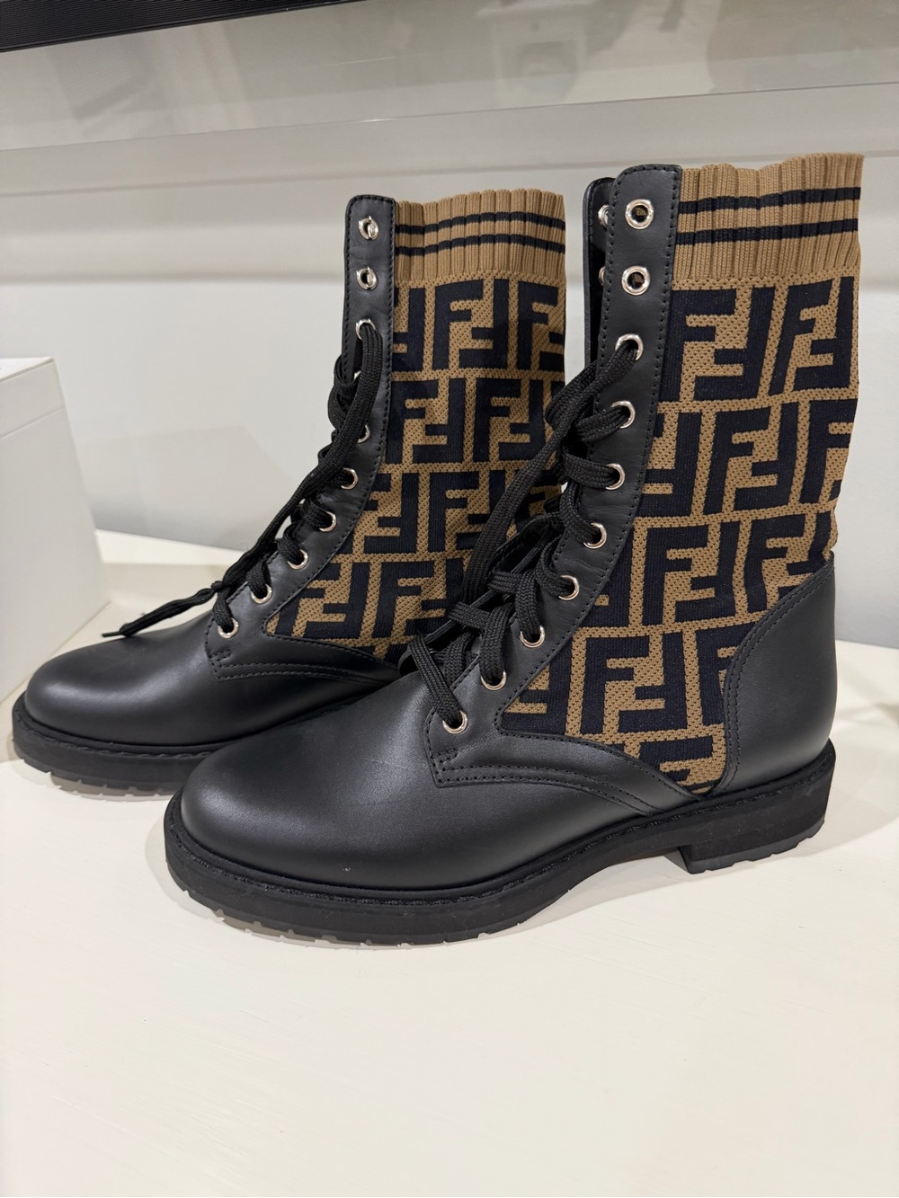 Fendi Black and Tan Logo Knit Lace-Up Combat Boots